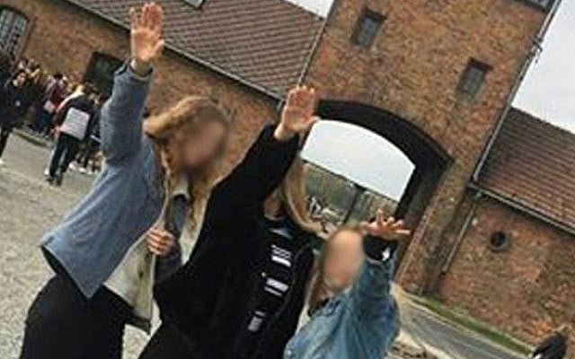 Image posted to Instagram and later deleted showing three youngsters performing a salute at Auschwitz, October 2018 (via Instagram) Image posted to Instagram and later deleted showing three youngsters performing a salute at Auschwitz, October 2018 (via Instagram)