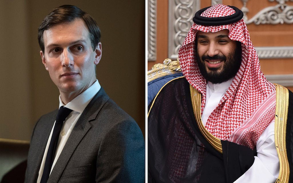 Jared Kushner, left, is seen at a White House meeting, on October 23, 2017. Saudi Crown Prince Mohammed bin Salman attends a meeting with Lebanon’s Christian Maronite patriarch in Riyadh, Saudi Arabia, on November 14, 2017. (Jabin Botsford/The Washington Post via Getty Images; Fayez Nureldine/AFP/Getty Images via JTA) Jared Kushner, left, is seen at a White House meeting, on October 23, 2017. Saudi Crown Prince Mohammed bin Salman attends a meeting with Lebanon’s Christian Maronite patriarch in Riyadh, Saudi Arabia, on November 14, 2017. (Jabin Botsford/The Washington Post via Getty Images; Fayez Nureldine/AFP/Getty Images via JTA)