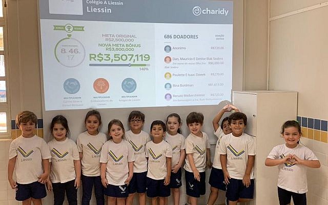 Students at the Liessin day school in Rio de Janeiro, Brazil, during a fundraising drive in October 2018. (Courtesy of Liessin via JTA) Students at the Liessin day school in Rio de Janeiro, Brazil, during a fundraising drive in October 2018. (Courtesy of Liessin via JTA)