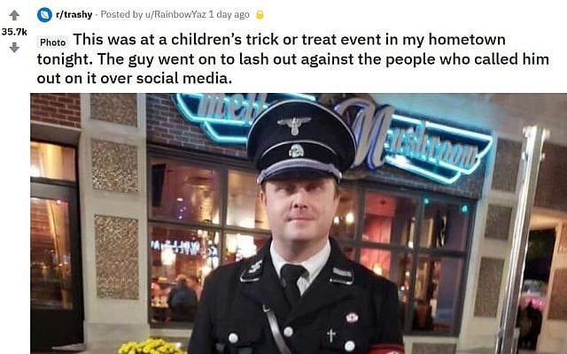 A reddit post showing a photo of Bryant Goldbach at an October 25, 2018, Halloween trick-or-treating event dressed as an SS officer. (Reddit/u/RainbowYaz) A reddit post showing a photo of Bryant Goldbach at an October 25, 2018, Halloween trick-or-treating event dressed as an SS officer. (Reddit/u/RainbowYaz)