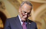 Chuck Schumer at a news conference following the weekly Senate Democratic policy luncheon at the US Capitol, October 2, 2018. (Chip Somodevilla/Getty Images/via JTA)