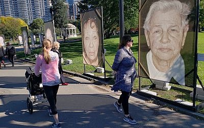 Illustrative: The Boston installation of 'Lest We Forget,' a Holocaust remembrance project centered on survivor photographs taken by Luigi Toscano, October 16, 2018 (Matt Lebovic/The Times of Israel)