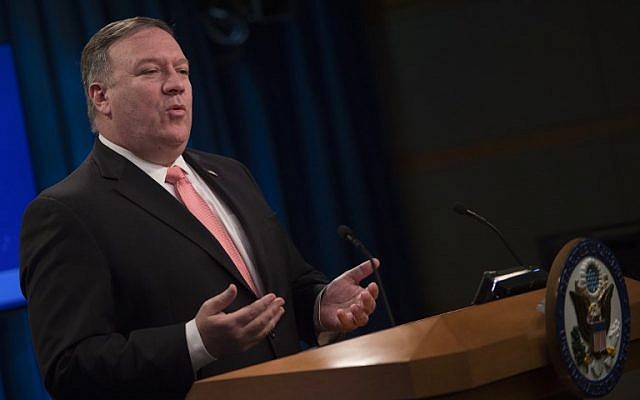 US Secretary of State Mike Pompeo gives a press conference at the US Department of State in Washington, DC on October 23, 2018. (Andrew Caballero-Reynolds/AFP) US Secretary of State Mike Pompeo gives a press conference at the US Department of State in Washington, DC on October 23, 2018. (Andrew Caballero-Reynolds/AFP)