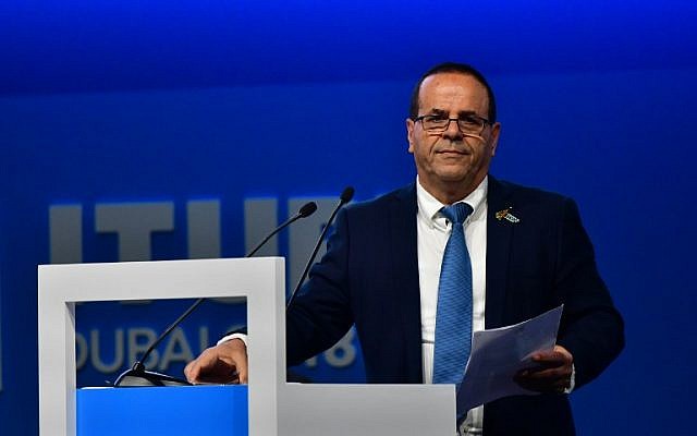 Communications Minister Ayoub Kara delivers a speech during the International Telecommunication Union Plenipotentiary Conference in Dubai, on October 30, 2018. (STRINGER / AFP) Communications Minister Ayoub Kara delivers a speech during the International Telecommunication Union Plenipotentiary Conference in Dubai, on October 30, 2018. (STRINGER / AFP)