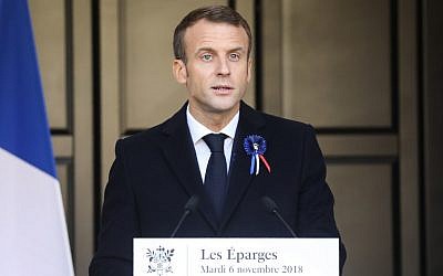French President Emmanuel Macron gives a speech at a ceremony for French writer and former soldier Maurice Genevoix at Les Eparges, eastern France, on November 6, 2018, as part of celebrations marking the centenary of the First World War. (Ludovic Marin/AFP)