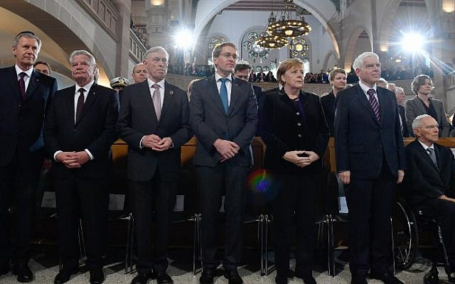 (L-R) Former German president Christian Wulff, former German president Joachim Gauck, former German president Horst Koehler, the current president of the Bundesrat (upper house of parliament) Daniel Guenther, German Chancellor Angela Merkel, the president of the Central Council of Jews in Germany Josef Schuster and Wolfgang Schaeuble, president of the Bundestag (lower house of parliament), arrive to attend a ceremony at the Synagogue Rykestrasse in Berlin on November 9, 2018 to commemorate the 80th anniversary of the Kristallnacht Nazi pogrom. (John MacDougall/AFP) (L-R) Former German president Christian Wulff, former German president Joachim Gauck, former German president Horst Koehler, the current president of the Bundesrat (upper house of parliament) Daniel Guenther, German Chancellor Angela Merkel, the president of the Central Council of Jews in Germany Josef Schuster and Wolfgang Schaeuble, president of the Bundestag (lower house of parliament), arrive to attend a ceremony at the Synagogue Rykestrasse in Berlin on November 9, 2018 to commemorate the 80th anniversary of the Kristallnacht Nazi pogrom. (John MacDougall/AFP)