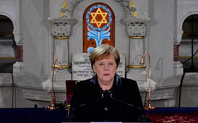 German Chancellor Angela Merkel speaks during a ceremony at the Synagogue Rykestrasse in Berlin on November 9, 2018 to commemorate the 80th anniversary of the Kristallnacht Nazi pogrom. (Tobias Schwarz/AFP)