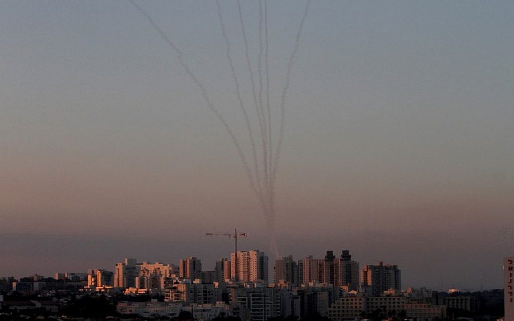 Missiles from the Iron Dome air defense system in the south of Israel destroy incoming missiles above Ashkelon fired from the Gaza Strip  on November 13, 2018. (Gil Cohen-Magen/AFP)