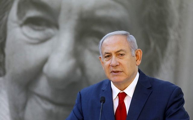 Israeli Prime Minister Benjamin Netanyahu speaks during a state memorial ceremony for his late predecessor Golda Meir at Mount Herzl in Jerusalem on November 18, 2018. (Photo by Menahem KAHANA / AFP) Israeli Prime Minister Benjamin Netanyahu speaks during a state memorial ceremony for his late predecessor Golda Meir at Mount Herzl in Jerusalem on November 18, 2018. (Photo by Menahem KAHANA / AFP)