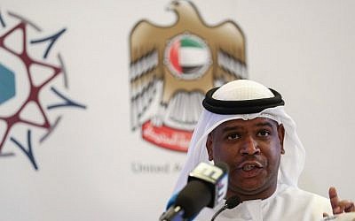 Jaber al-Lamki, Executive Director for Media and Strategic Communications at the United Arab Emirates' National Media Council, speaks during a press conference in Abu Dhabi on November 26, 2018, announcing a pardon for Briton Matthew Hedges who was sentenced a week before to life in prison for spying.  KARIM SAHIB / AFP)