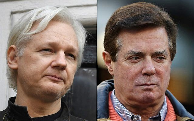 This combination of pictures created on November 27, 2018, shows a file photo taken on May 19, 2017, of Wikileaks founder Julian Assange(L) at the Embassy of Ecuador in London, and former Donald Trump presidential campaign manager Paul Manafort at Yankee Stadium on October 17, 2017, in New York. (Justin Tallis and Elsa/Various Sources/AFP) This combination of pictures created on November 27, 2018, shows a file photo taken on May 19, 2017, of Wikileaks founder Julian Assange(L) at the Embassy of Ecuador in London, and former Donald Trump presidential campaign manager Paul Manafort at Yankee Stadium on October 17, 2017, in New York. (Justin Tallis and Elsa/Various Sources/AFP)