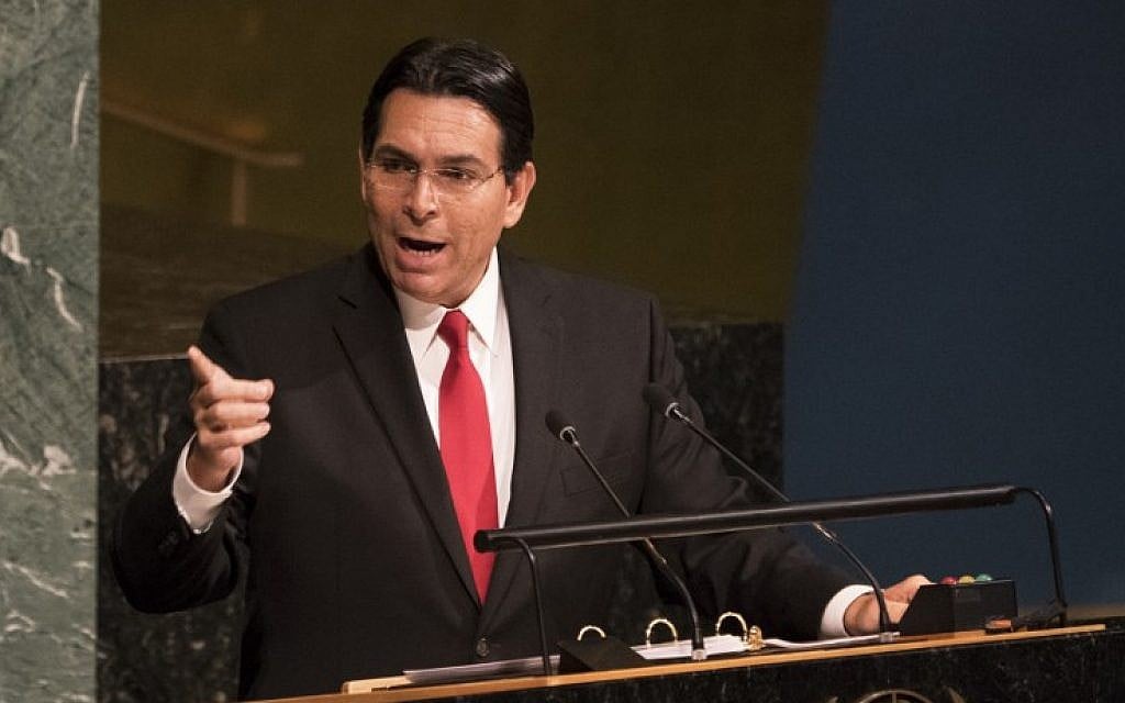 In this photo from June 13, 2018, Israel's Ambassador to the United Nations Danny Danon speaks to the General Assembly before a vote to condemn Israeli actions in East Jerusalem and the West Bank, at UN headquarters in New York. (Don Emmert/AFP) In this photo from June 13, 2018, Israel's Ambassador to the United Nations Danny Danon speaks to the General Assembly before a vote to condemn Israeli actions in East Jerusalem and the West Bank, at UN headquarters in New York. (Don Emmert/AFP)