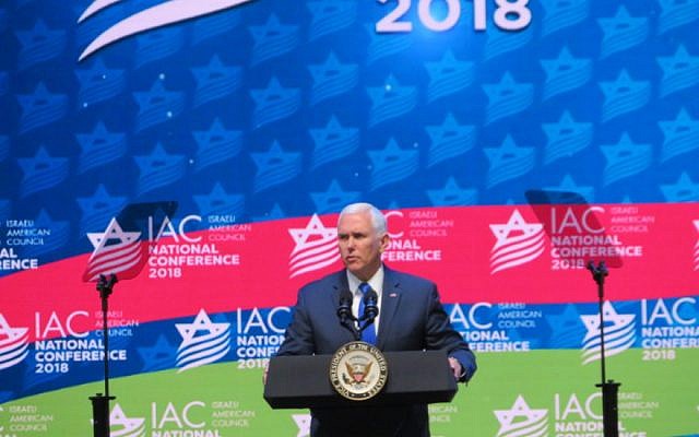 US Vice President Mike Pence addresses the Israeli American Council on Nov. 30 2018 (Ron Kampeas/JTA) US Vice President Mike Pence addresses the Israeli American Council on Nov. 30 2018 (Ron Kampeas/JTA)