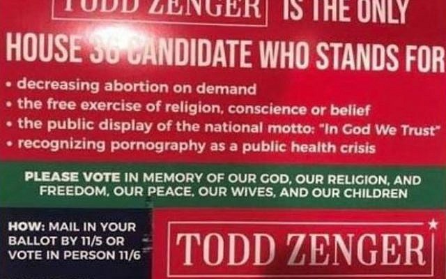 A flyer sent by Todd Zenger calling on people to "vote in memory of our God" Twitter)