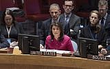 US Ambassador to the UN Nikki Haley speaks at a UN Security Council Meeting on the Middle East on November 19, 2018. (UN/Rick Bajornas)