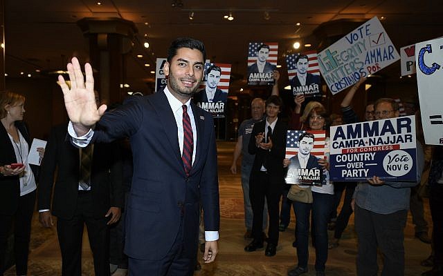 Democratic congressional candidate Ammar Campa-Najjar talks to supporters in San Diego, California, November 6, 2018. (Denis Poroy/AP) Democratic congressional candidate Ammar Campa-Najjar talks to supporters in San Diego, California, November 6, 2018. (Denis Poroy/AP)