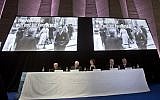From left to right, Commissioner for Education and Academia of the World Jewish Congress Jean de Gunzburg, Governing Board Chair of the World Jewish Congress David de Rothschild, UNESCO'S Director-General Audrey Azoulay, World Jewish Congress President Ronald S. Lauder and CEO and Vice President of the World Jewish Congress Robert Singer sit under two giant screen during the presentation of the website to counter Holocaust denial and anti-Semitism at the UNESCO headquartered in Paris, France, November 19, 2018. (AP Photo/Michel Euler)
