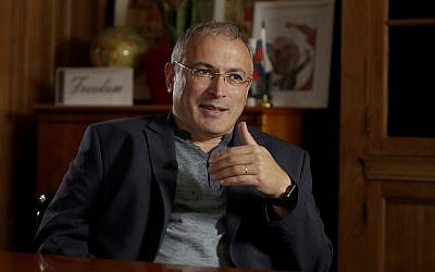 In this July 24, 2018 file photo, Russian opposition figure Mikhail Khodorkovsky speaks during an interview by The Associated Press in London. (AP Photo/Matt Dunham, File)
