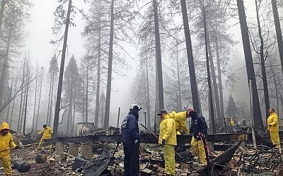 After a brief delay to let a downpour pass, volunteers resume their search for human remains at a mobile home park in Paradise, Calif., Friday, Nov. 23, 2018. (AP/Kathleen Ronayne)