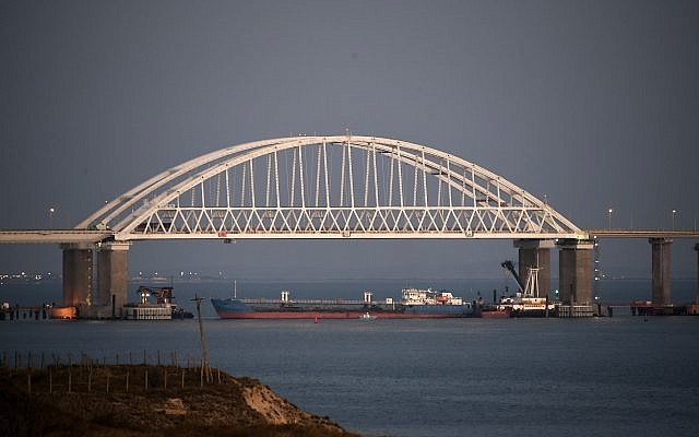 The Kerch bridge is seen blocked for ships entrance, near Kerch, Crimea, on Nov. 25, 2018. (AP Photo) The Kerch bridge is seen blocked for ships entrance, near Kerch, Crimea, on Nov. 25, 2018. (AP Photo)
