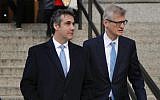 Michael Cohen (left), leaving the federal courthouse in New York with his attorney Guy Petrillo, after pleading guilty to lying to Congress about work he did on an aborted project to build a Trump Tower in Russia, November 29, 2018. (AP/Julie Jacobson)