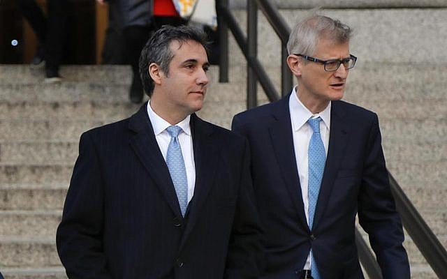 Michael Cohen (left), leaving the federal courthouse in New York with his attorney Guy Petrillo, after pleading guilty to lying to Congress about work he did on an aborted project to build a Trump Tower in Russia, November 29, 2018. (AP/Julie Jacobson) Michael Cohen (left), leaving the federal courthouse in New York with his attorney Guy Petrillo, after pleading guilty to lying to Congress about work he did on an aborted project to build a Trump Tower in Russia, November 29, 2018. (AP/Julie Jacobson)