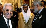 UAE Foreign Minister Abdullah Bin Zayed Al-Nahyan, center, with Palestinian Authority leader Mahmoud Abbas, left, and Hamas leader Ismail Haniyeh after the opening session of the Arab Summit in Riyadh, March 28, 2007. (AP Photo/Awad Awad, Pool)