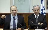 Prime Minister Benjamin Netanyahu, right, and then-Education Minister Naftali Bennett, left, attend the weekly cabinet meeting at the Prime Minister's Office in Jerusalem, Tuesday, August 30, 2016. (Abir Sultan/Pool/via AP)