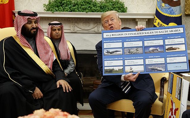 President Donald Trump shows a chart highlighting arms sales to Saudi Arabia during a meeting with Saudi Crown Prince Mohammed bin Salman in the Oval Office of the White House, Tuesday, March 20, 2018, in Washington. (AP/Evan Vucci) President Donald Trump shows a chart highlighting arms sales to Saudi Arabia during a meeting with Saudi Crown Prince Mohammed bin Salman in the Oval Office of the White House, Tuesday, March 20, 2018, in Washington. (AP/Evan Vucci)