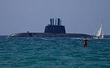 An Israeli submarine sails during Independence Day celebrations marking 70 years since the founding of the state in 1948, in Tel Aviv, April 19, 2018. (AP/Ariel Schalit)