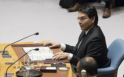 Israel's Ambassador to the United Nations Danny Danon speaks during a Security Council meeting on the situation between the Israelis and the Palestinians, June 1, 2018 at UN headquarters in New York. (AP Photo/Mary Altaffer)