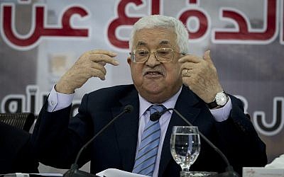 Palestinian Authority President Mahmoud Abbas during a meeting of the Central Council of the Palestine Liberation Organization in the West Bank city of Ramallah, October 28, 2018. (AP/Majdi Mohammed)