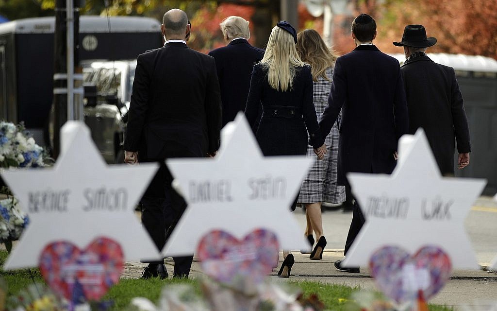 US President Donald Trump, first lady Melania Trump, Ivanka Trump and Jared Kushner leave a memorial outside Pittsburgh's Tree of Life Synagogue in Pittsburgh, Tuesday, Oct. 30, 2018. (AP Photo/Matt Rourke) US President Donald Trump, first lady Melania Trump, Ivanka Trump and Jared Kushner leave a memorial outside Pittsburgh's Tree of Life Synagogue in Pittsburgh, Tuesday, Oct. 30, 2018. (AP Photo/Matt Rourke)