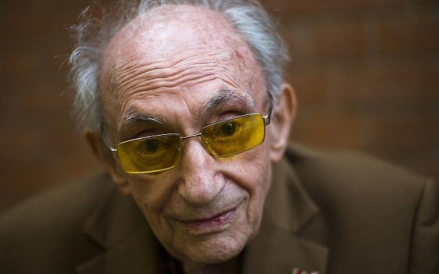 Walter Frankenstein, born in 1924, witness to the November 9, 1938 terror against Jews in Berlin and one of the few survivors of Auerbach'sches Waisenhaus orphanage, poses for a photo at the orphanage memorial site for an interview with the Associated Press in Berlin, November 5, 2018. (Markus Schreiber/AP)