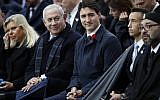 Prime Minister Benjamin Netanyahu, Canadian Prime Minister Justin Trudeau, Moroccan Crown Prince Moulay Hassan, and Moroccan King Mohammed VI, in Paris, November 11, 2018. (AP Photo/Francois Mori, Pool)