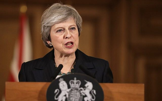 Britain's Prime Minister Theresa May speaks during a press conference inside 10 Downing Street in London, November 15, 2018 (AP Photo/Matt Dunham, Pool) Britain's Prime Minister Theresa May speaks during a press conference inside 10 Downing Street in London, November 15, 2018 (AP Photo/Matt Dunham, Pool)