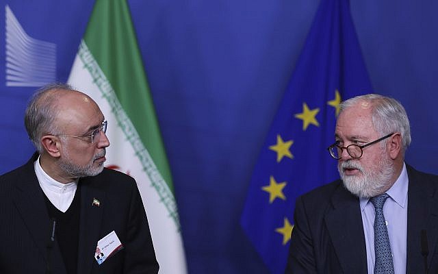 Iran's vice president and head of the Atomic Energy Organization Ali Akbar Salehi (left) and European Union Climate Action and Energy Commissioner Arias Canete during a joint news conference at the European Commission headquarters in Brussels, November 26, 2018. (Francisco Seco/AP) Iran's vice president and head of the Atomic Energy Organization Ali Akbar Salehi (left) and European Union Climate Action and Energy Commissioner Arias Canete during a joint news conference at the European Commission headquarters in Brussels, November 26, 2018. (Francisco Seco/AP)