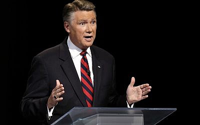 Republican senatorial candidate from North Carolina Mark Harris speaks during a live televised debate at UNC-TV studios in Research Triangle Park, North Carolina, on April 28, 2014. (AP Photo/ Pool)