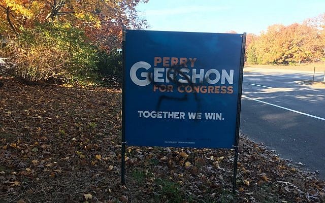 A campaign sign for Democrat Perry Gershon is defaced with a swastika (Perry Gershon/Twitter) A campaign sign for Democrat Perry Gershon is defaced with a swastika (Perry Gershon/Twitter)