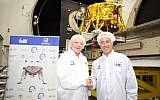 Canadian real estate mogul Sylvan Adams, right, with Morris Kahn, at Israel Aerospace Industries (IAI)’s MBT Space facility in Yehud where SpaceIL's spacecraft to the moon is being assembled (Eliran Avital)