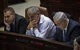 From left, Gilad Erdan, Moshe Kahlon and Benjamin Netanyahu at the Knesset on November 18, 2015. (Hadas Parush/Flash90)