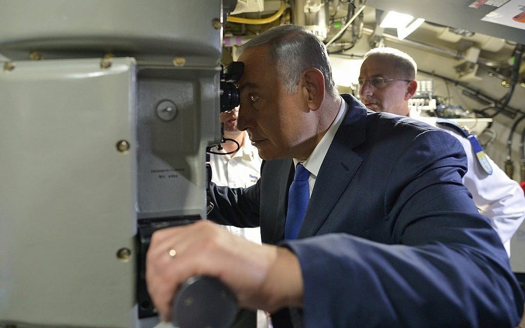 Prime Minister Benjamin Netanyahu, seen at a welcoming ceremony for a new submarine, Rahav, at the Israeli navy base in Haifa, on January 12, 2016. (Kobi Gideon/ GPO)