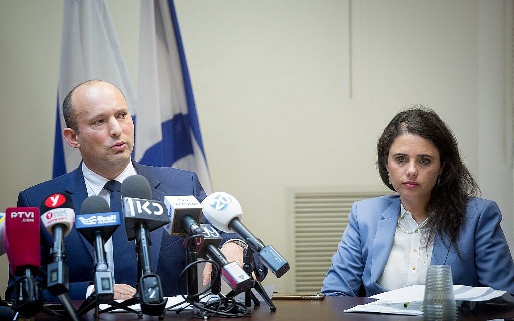 Education Minister Naftali Bennett and Justice Minister Ayelet Shaked at a Jewish Home party faction meeting at the Knesset on May 7, 2018. (Miriam Alster/Flash90)