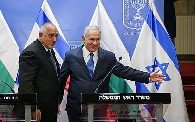 Prime Minister Benjamin Netanyahu holds a press conference with his Bulgarian counterpart Boyko Borisov at his office in Jerusalem on September 5, 2018. (Amit Shabi/Pool/Flash90)