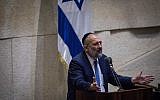 Shas party leader and Interior Minister Aryeh Deri speaks in the Knesset on November 19, 2018. (Hadas Parush/Flash90)