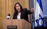 Culture Minister Miri Regev holds a press conference on the "Culture Loyalty Bill" at the Knesset, November 26, 2018. (Miriam Alster/ Flash90)