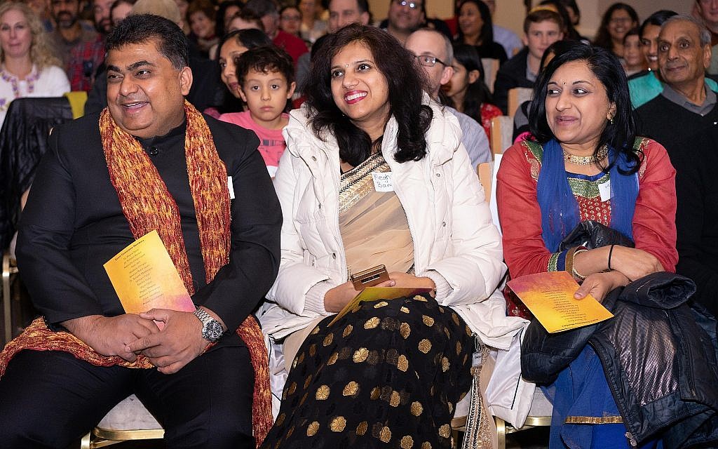 The crowd enjoying the program at the Hindu-Jewish Festival of Lights at Temple Beth-El in Northbrook, Illinois, Sunday, November 18, 2018. (Ronit Bezalel/ Times of Israel)