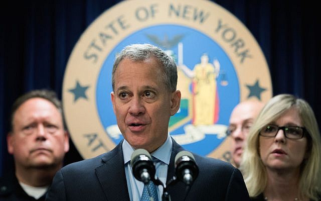 File: New York Attorney General Eric Schneiderman speaks at a news conference regarding a major drug bust, September 23, 2016. (Drew Angerer/Getty Images/via JTA) File: New York Attorney General Eric Schneiderman speaks at a news conference regarding a major drug bust, September 23, 2016. (Drew Angerer/Getty Images/via JTA)