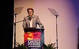 Screen capture from video of producer Jason Blum speaking at the Israel Film Festival in Los Angeles, November 6, 2018. (YouTube)
