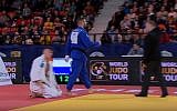Screen capture from video of Israeli judoka Peter Paltchik winning the under 100 kilogram contest at the Hague Grand Prix in  the Netherlands, November 18, 2018. (YouTube)